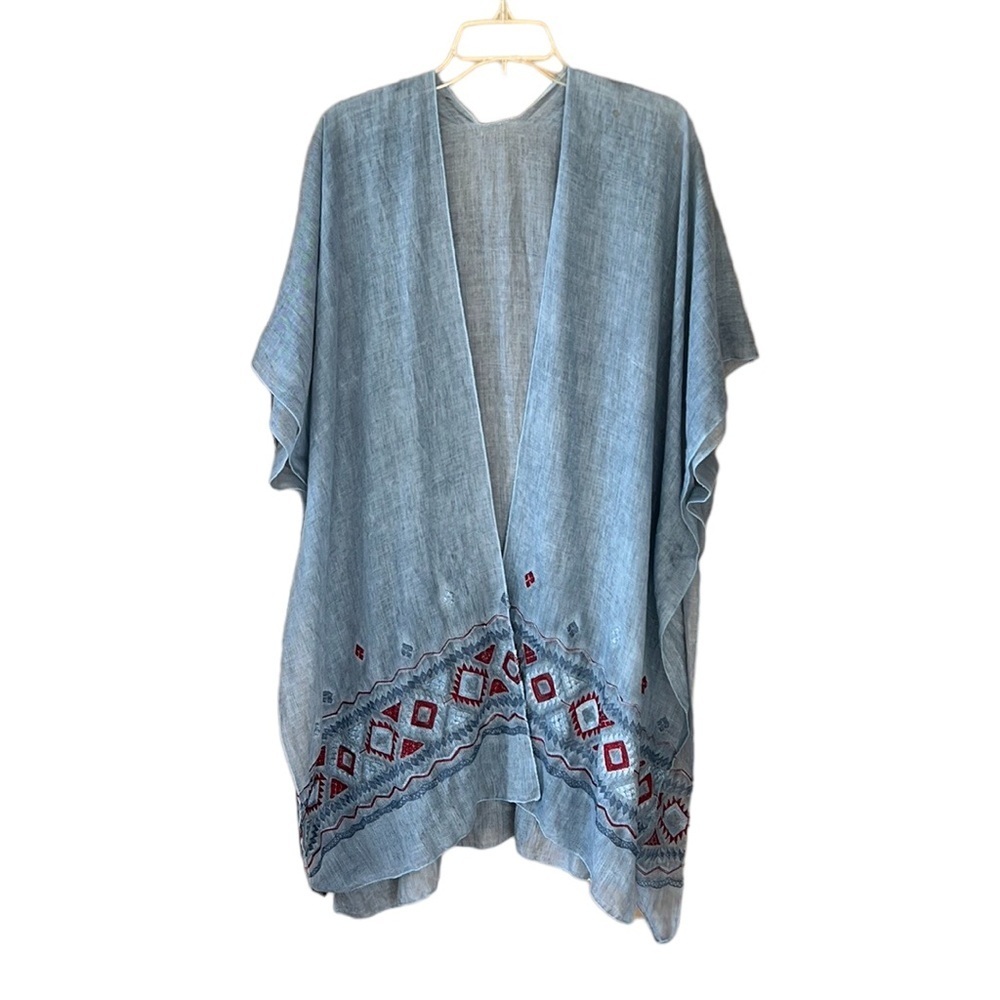 LIB New w Tag Blue Stone Wash Kimono Aztec Embroidery One Size